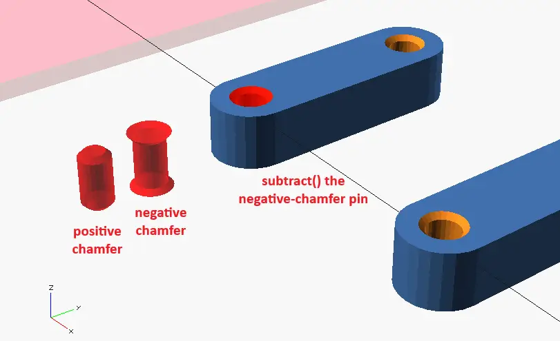 OpenSCAD pins with positive and negative chamfer
